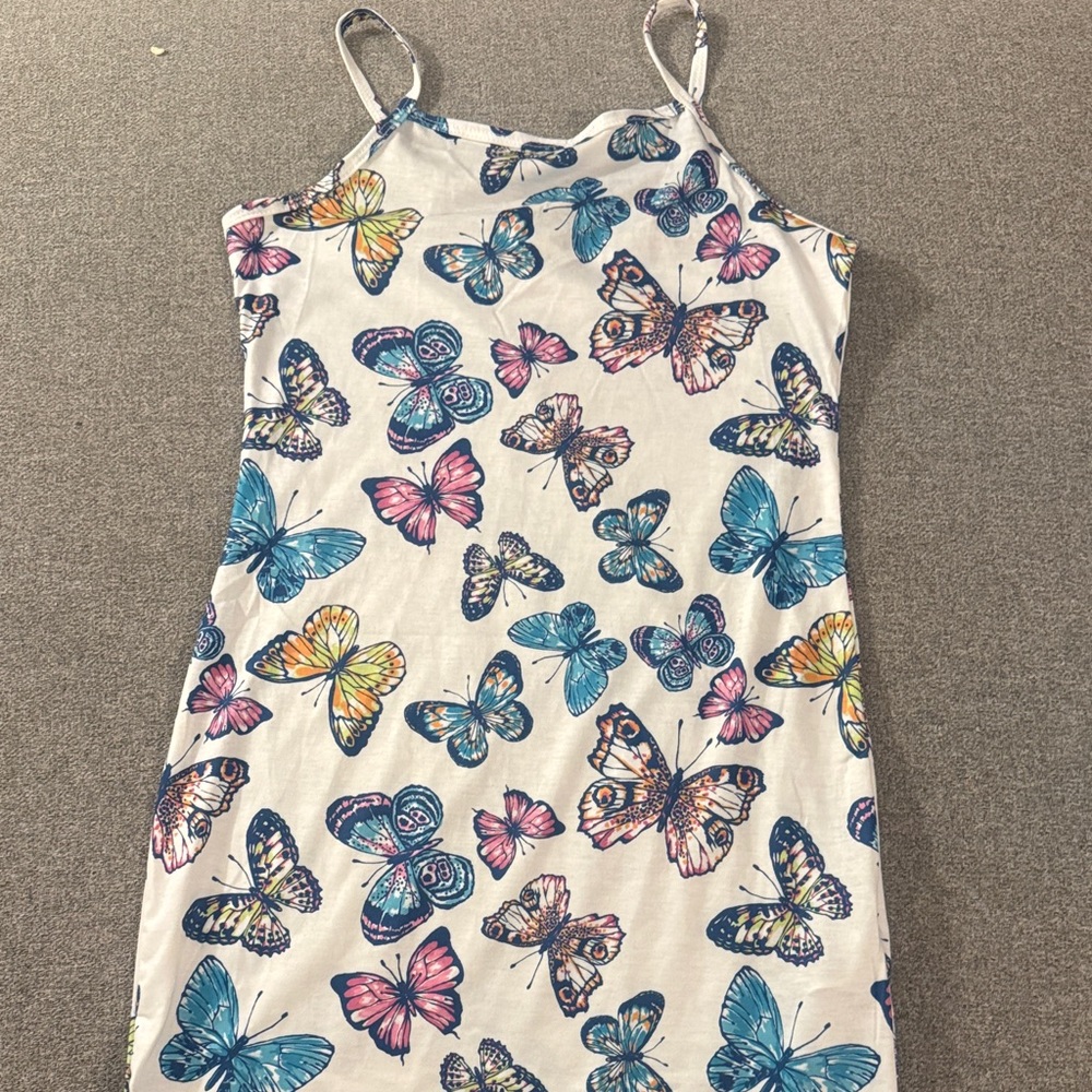 5/$15- SHEIN White Butterfly Print Spaghetti Strap Dress with Blue Pink Yellow